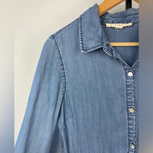 Lovestitch Blue Chambray Button Up Collared Long Sleeve Tencel Mini Shirt Dress - Picture 7 of 13